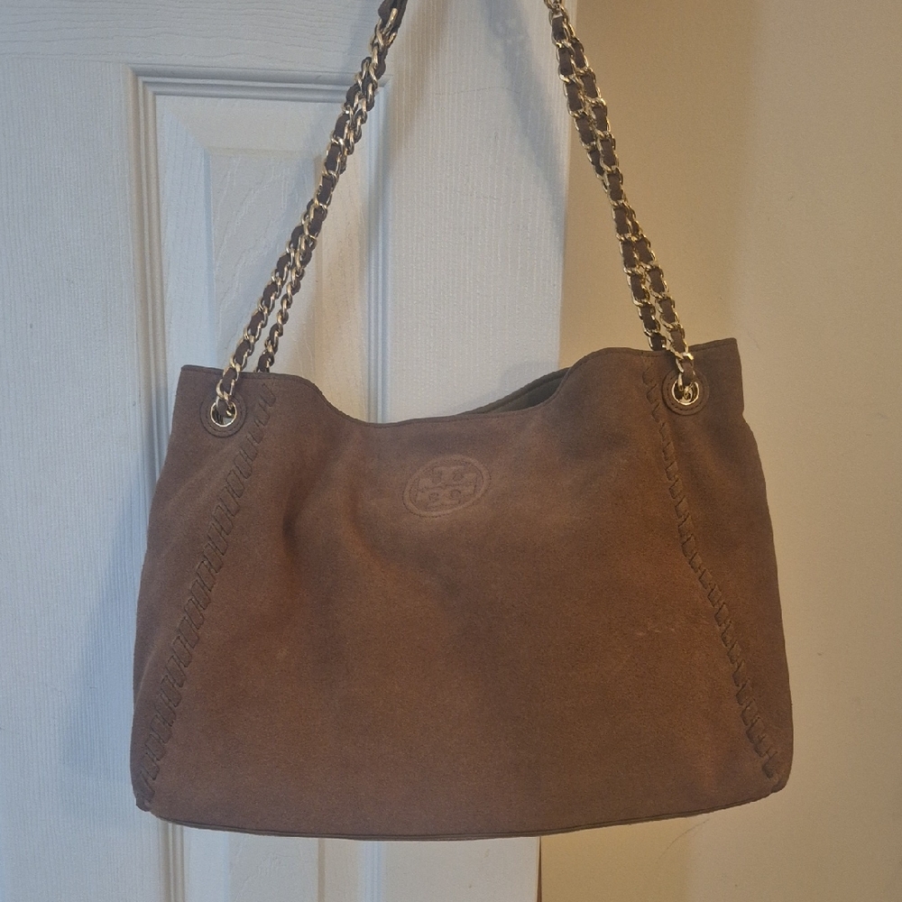 Tory Burch Brown and Gold Leather Shoulder Bag with Chain Detailing